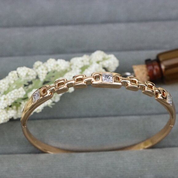 Elegant Rose Gold Bangle with Geometric Charm and Crystal Accents, XPBL0474 - Picture 1 of 12